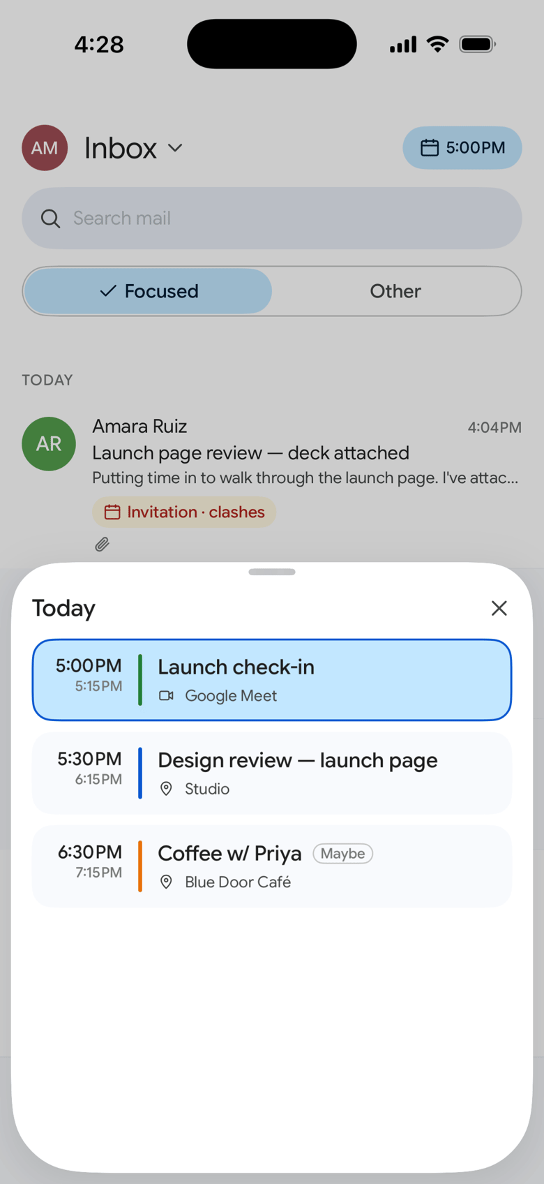 Today's agenda, opened from the Dispatch for iPhone inbox