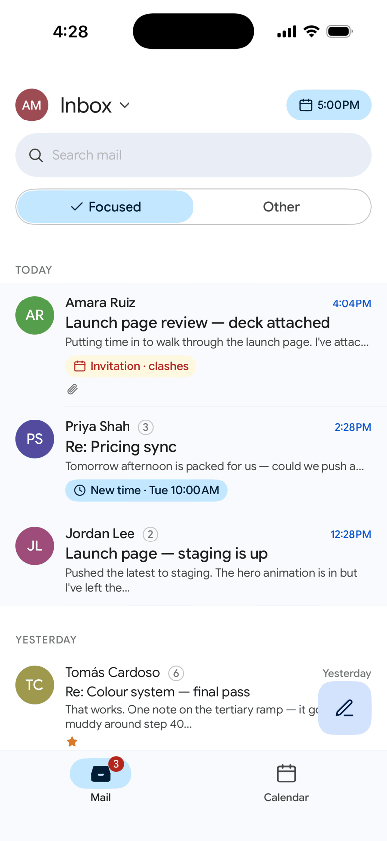 Dispatch for iPhone: the inbox, grouped by day, with an invitation flagged as clashing