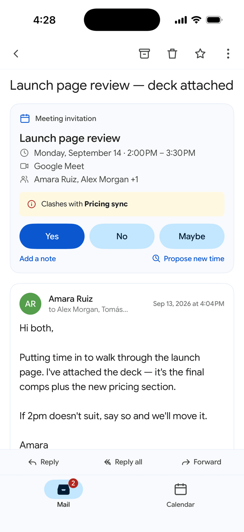 A meeting invitation inside an email, with Yes, No and Maybe, a clash warning, and Propose new time