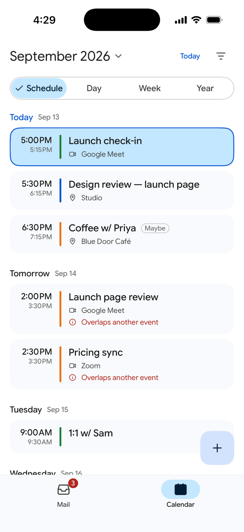 Dispatch for iPhone: the calendar's schedule, showing what's next today and tomorrow