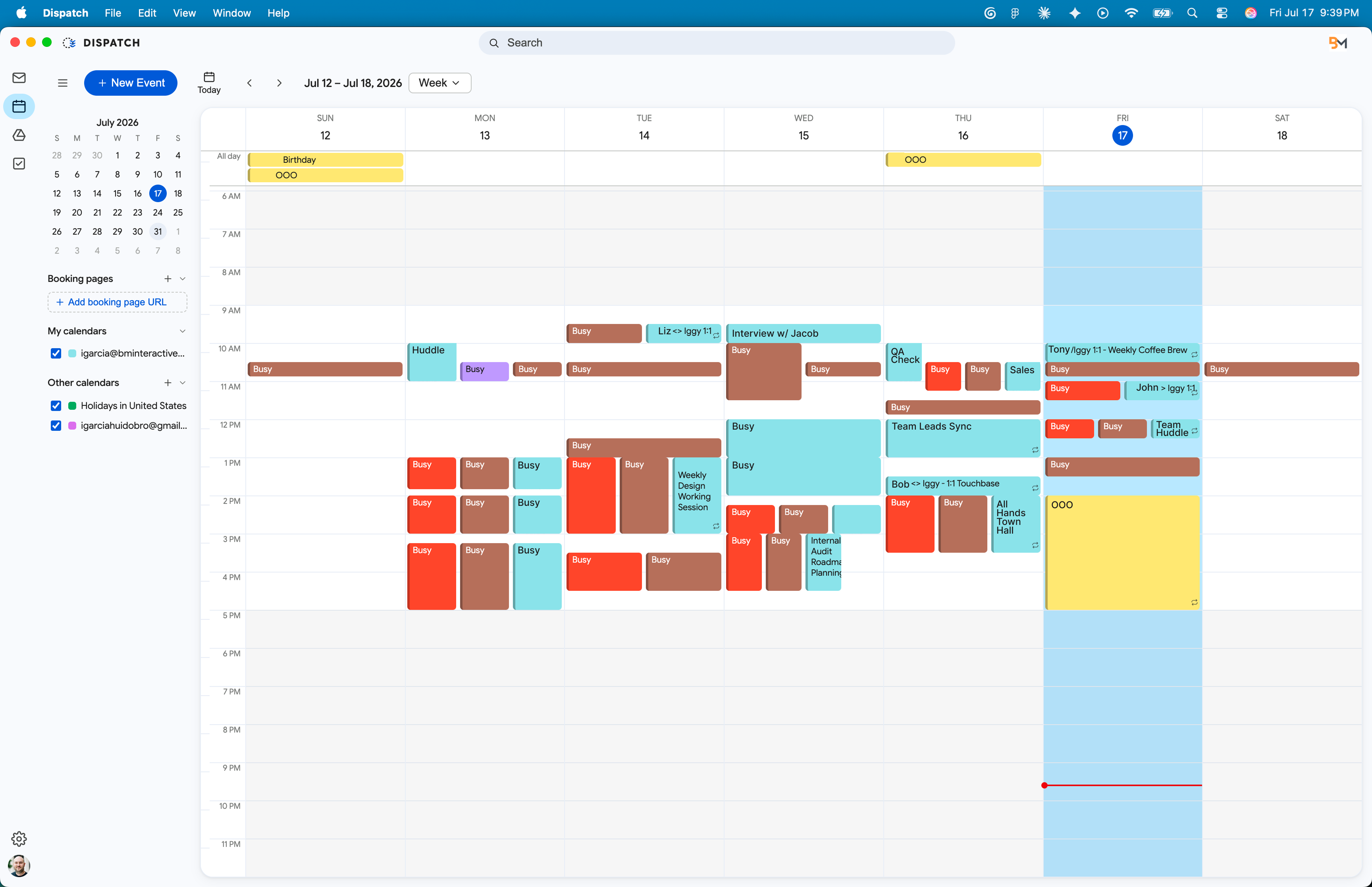 Dispatch calendar week view with colored events across calendars
