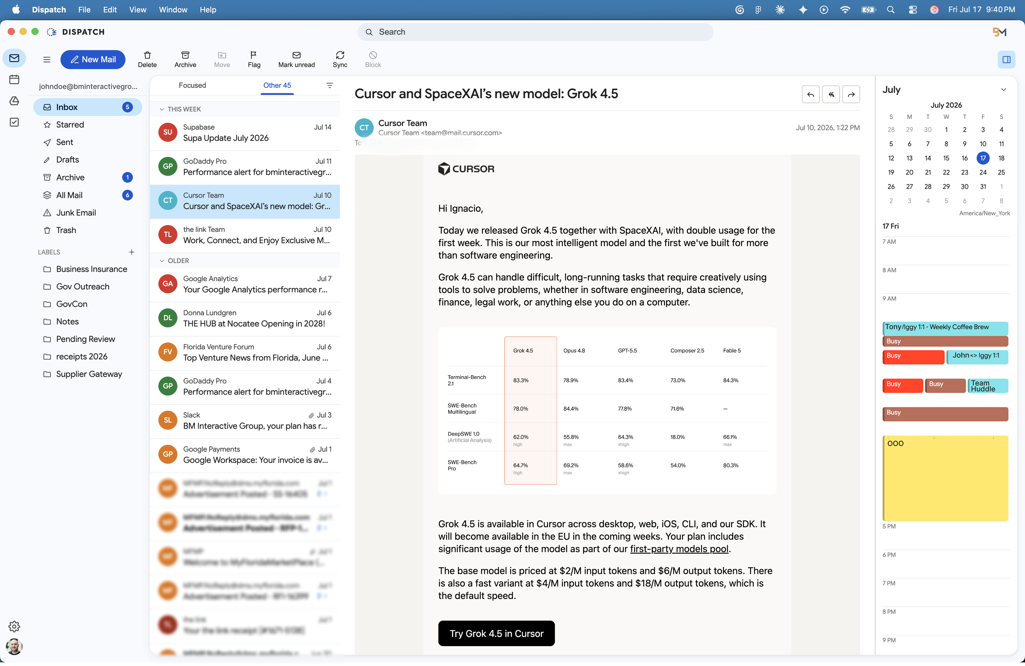 Dispatch mail view: inbox, reading pane, and today’s agenda in one window